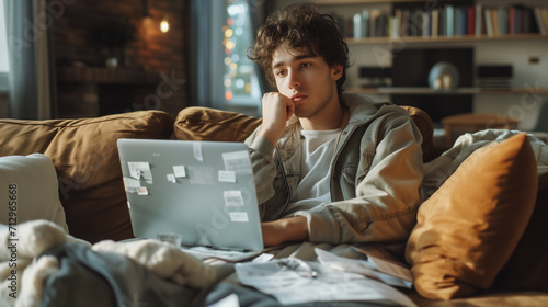 A young caucasian teenager man is inattentive to studying at home