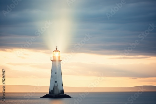 beam of light from a seaside lighthouse at dusk
