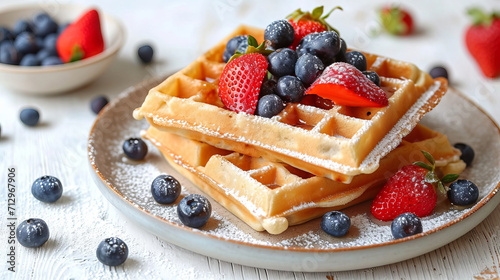 Viennese waffles with blueberries and wild strawberries on a plate.