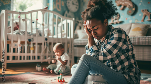 Distressed young woman sitting on the floor with her head in her hands, with a crib and children's toys in the background, suggesting a sense of overwhelming stress or exhaustion related to childcare.
