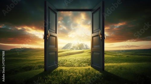 Opened Door on Long Path on Green Field. New, Journey, Adventure, Start, Begin, Life, Change 