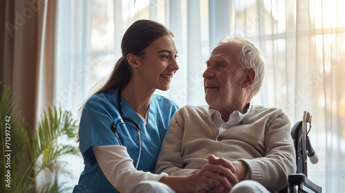 Caring female nurse in blue scrubs smiling and holding hands with an elderly male patient