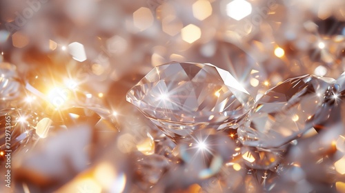 a macro close-up image of many precious stones diamonds or similar zirconia fianit with golden or rose gold undertone shimmering in the sunlight filling the frame