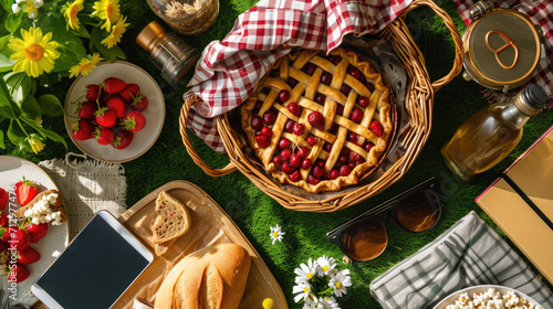 Summer picnic scene on grass with a pie in a basket, fresh strawberries on a plate, bread, a tablet, sunglasses, flowers