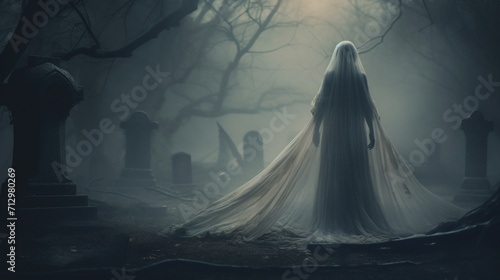 La Llorona vengeful bride ghost standing in a graveyard