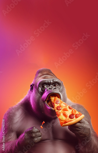 A goofy gorilla with funny expressions eating pizza