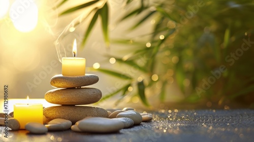 Harmonious SPA composition of balanced stones, towels, green leaves, and accessories for body treatments. Wellness and relaxation 