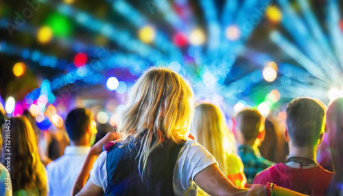 Jeune femme qui danse lors d'un concert d'un festival de musique ou club de nuit avec personnes devant des jeux de lumière, la foule écoute le spectacle. Espace de copie pour titre ou texte.