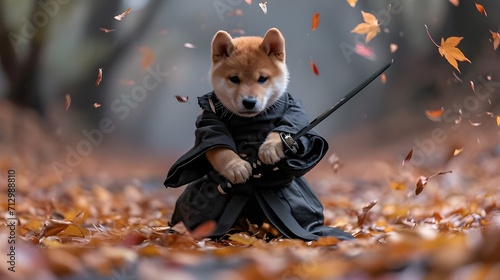 Shiba inu dog dressed as a samurai warrior or swordsman in battle pose with katana swords, wearing traditional Japanese black kimono