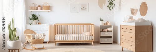 Interior of spacious baby's room with white crib and dresser and wooden shelves in modern apartment