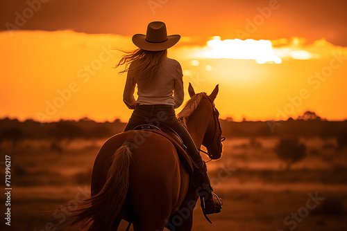 Beautiful cowgirl in hat riding a horse. Sunset. Rear view.