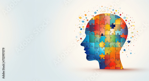 Human head profile and jigsaw puzzle, cognitive psychology or psychotherapy concept, mental health, brain problem, personality disorder, vector line design, Created using generative AI tools.