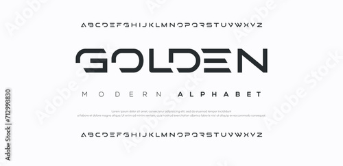 Golden Creative modern alphabet. Dropped stunning font, type for futuristic logo, headline, creative lettering and maxi typography. Minimal style letters with yellow spot. Vector typographic design 