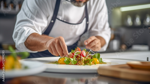 Close-up of chef preparing an elegant plate of food. Image artificial intelligence