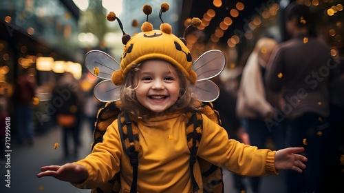 Be yourself. Funny girl wearing bee costume, express yourself motivational quotes concept, celebrating World Bee Day.