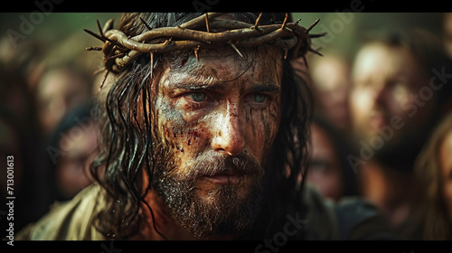 The Crucifixion of Jesus, with the crown of thorns, the bloody Jesus carries his cross