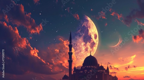 islamic moon in sunset with beautiful clouds with a mosque under it