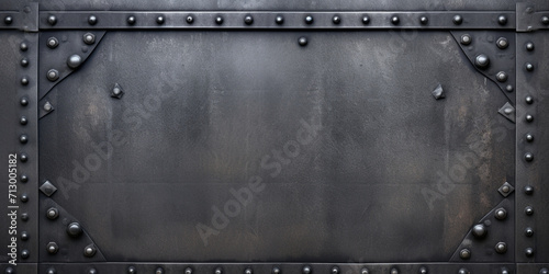 Black metal plate or armour texture with rivets, Ornate wrought-iron elements of metal gate decoration, Riveted Metal Plate Texture For Background. 