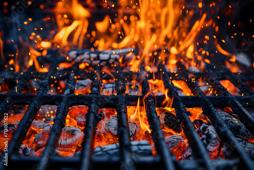 Closeup Of Grill With Fire And Charcoal. Hot empty barbecue BBQ grill with flaming fire and ember charcoal on black background close up