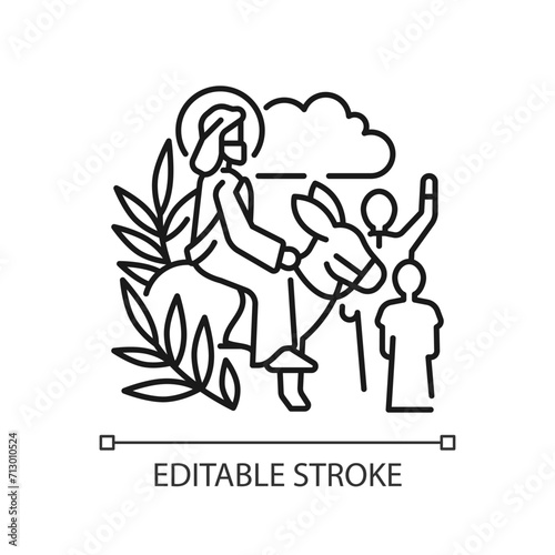 Triumphal entry into Jerusalem linear icon. Palm Sunday. Start of holy week. Jesus Christ riding donkey. Thin line illustration. Contour symbol. Vector outline drawing. Editable stroke