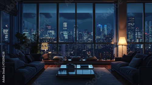 Realistic living room at night with a cityscape view