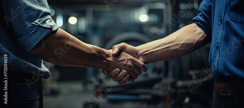 Close-up of a firm handshake between two professionals in a corporate environment, symbolizing partnership and agreement in factory garage workshop.