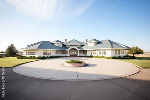 spacious flatroofed mansion with circular driveway