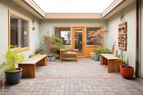 courtyard with mismatched paving and asymmetric planters