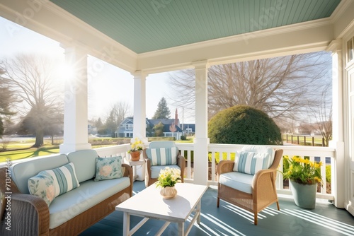 sunlit veranda of a shingle style home with a teak seating area