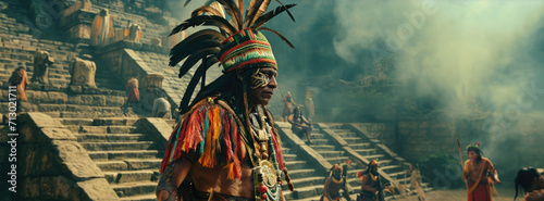 Aztec priest in ritual suit near Aztec Tower Temple