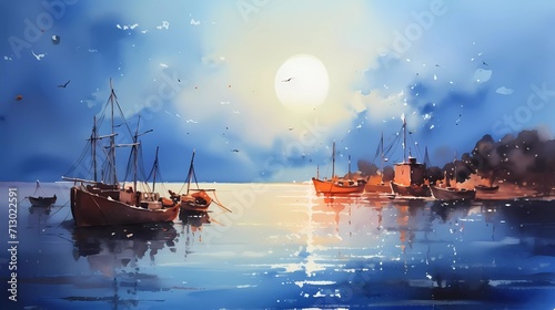 watercolor painting Night view with fishing boats under the moon. generative ai