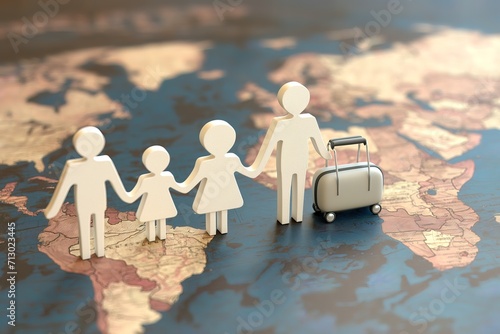 Family relocation moving cartoon illustration, world travel nomad new home
