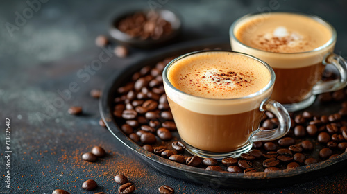 Cup of coffee with milk on a dark hot cappuccino in a glass cups, coffee beans are near cups on the tray. 