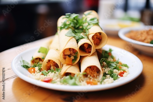 close-up of golden-brown flautas stacked on a plate