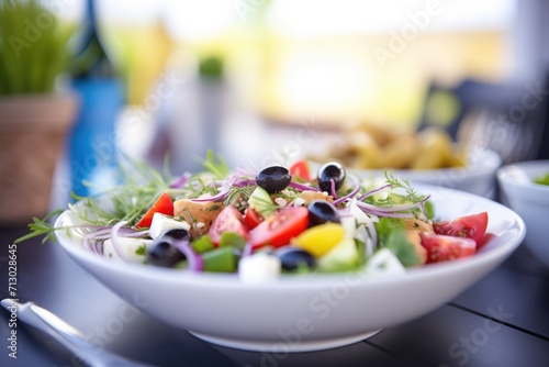 greek salad, black olives focus, blurred background