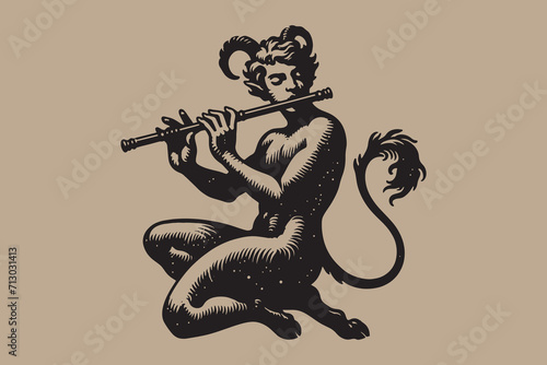 A young mythical satyr playing the flute. Vintage retro engraving illustration. Black icon, logo, label. isolated element.