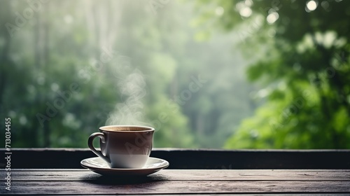 A steaming cup of tea delicately placed on a rustic wooden table, with a serene blurred forest background
