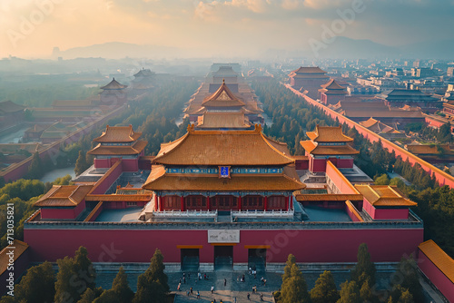 The Forbidden City imperial palace in Beijing China, high angle aerial view