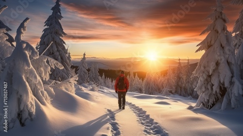Epic sunset in the winter mountains. Male hiker waiting for the sun to go behind the mountains.