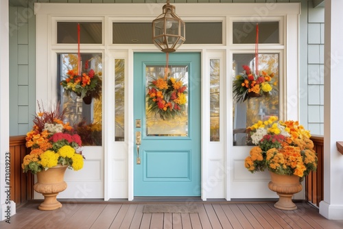 central front door with transom window, flower wreaths