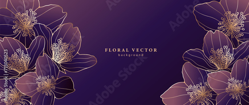 Luxury purple floral background with golden flower outlines. Floral card, cover design, wallpaper.