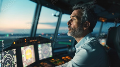 Portrait of a skilled air traffic controller managing flights in a control tower