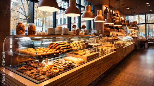 Bakery and Pastry Shop Interior with Fresh Dessert Display and Tempting Treats