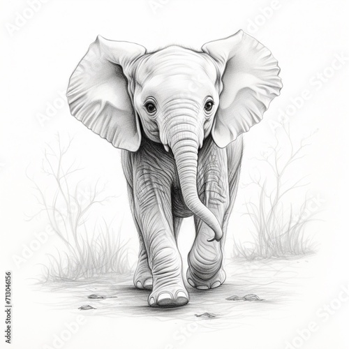 Pencil sketch cute baby elephant animal drawing image Generative AI