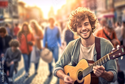 A cheerful young street musician entertains passers-by on a city street by playing a musical instrument.