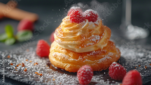 Cream Filled Pastry with Raspberries and Powdered Sugar 