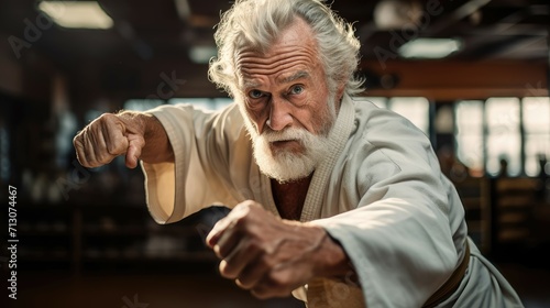 Elderly martial arts master in gi performing a karate pose with focus.