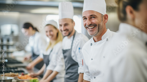 close-up of Head chef accompanied by his kitchen team, posing happily, while preparing the menu. image artificial intelligence