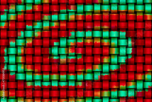 Kolorowa tkana tekstura. Splecenie, krata na czarnym tle ze spiralnym motywem w kolorach turkusowym i czerwonym. Abstrakcyjne geometryczne tło