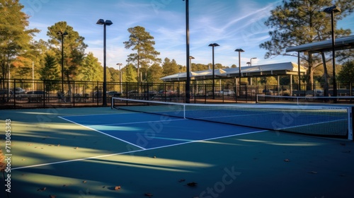 Angled view of a tennis court Pickleball courts.
